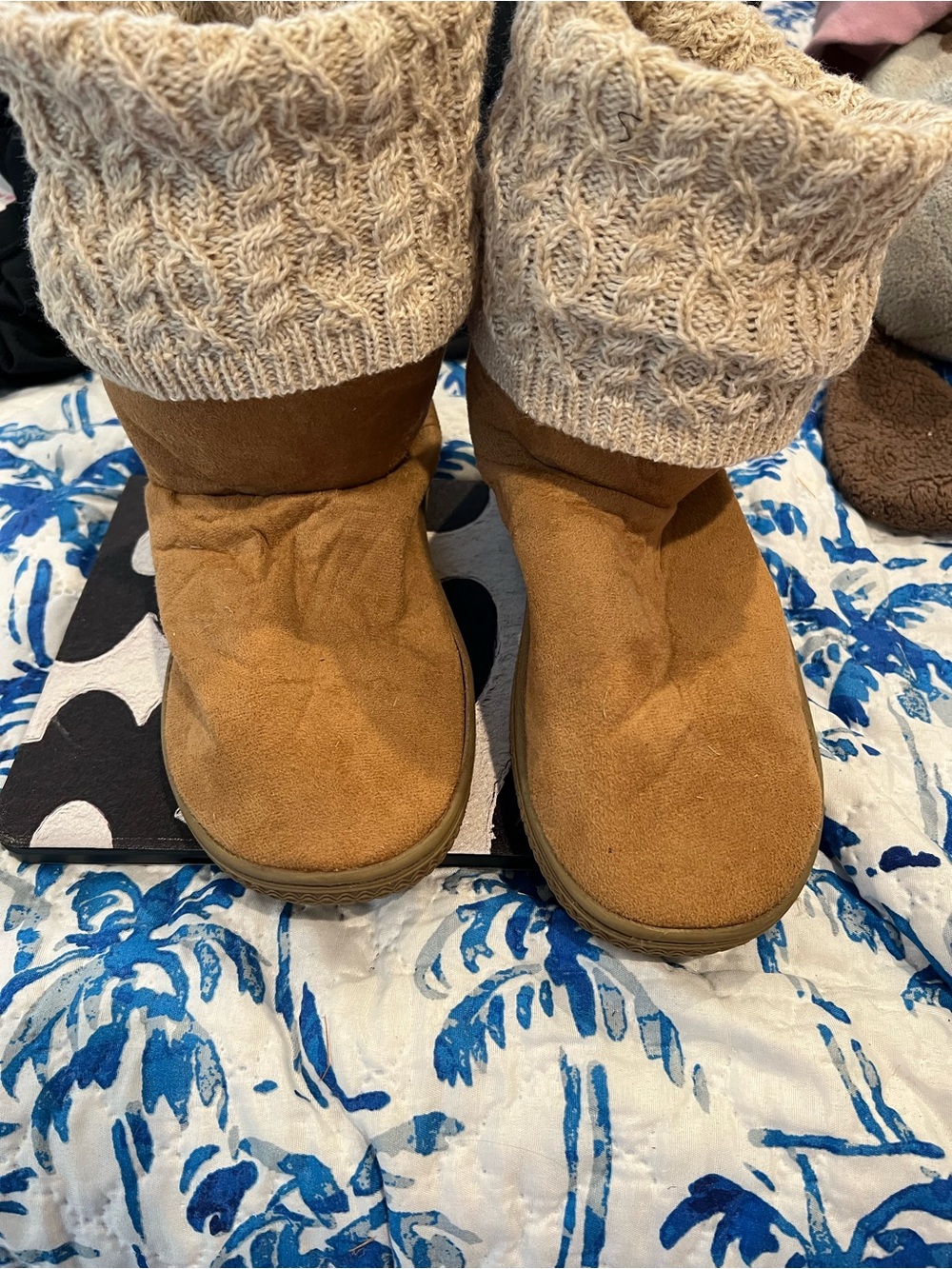 Muk Luks Tan Suede Ankle Booties with Knit Cuff